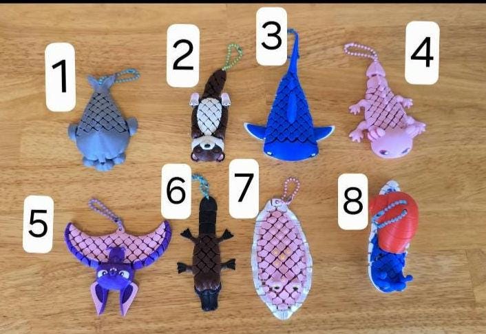 3D Printed Articulated Animal Keychain Toys | Fidget Toy Charms | Otter, Shark, Axolotl, Platypus | Backpack Clip Gifts for Kids