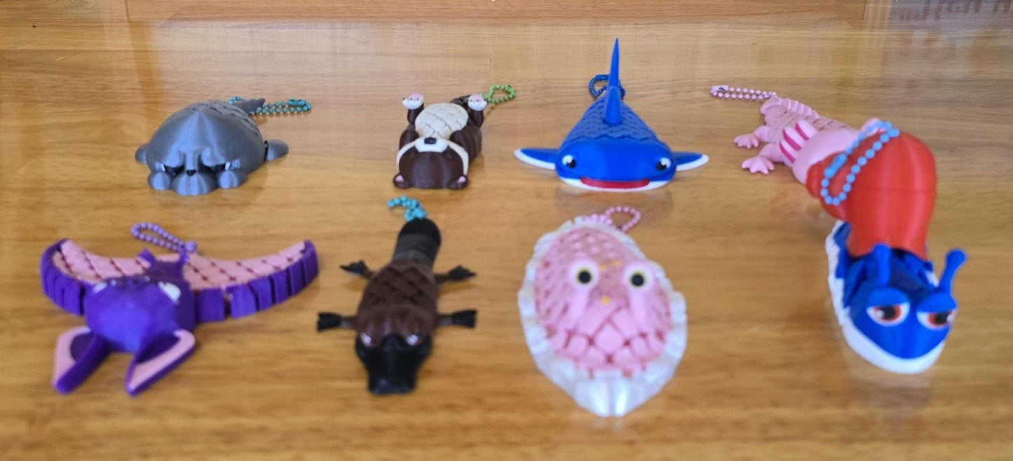 3D Printed Articulated Animal Keychain Toys | Fidget Toy Charms | Otter, Shark, Axolotl, Platypus | Backpack Clip Gifts for Kids