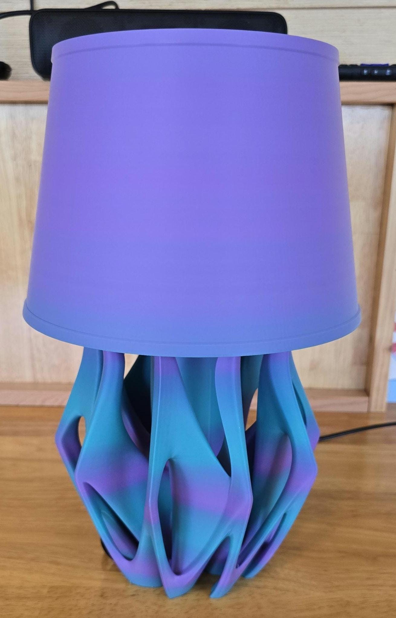 3D Printed LED Table Lamp – Purple & Teal Swirl Base with Gradient Shade – Modern Nightstand or Desk Light – Unique Gift for Home or Office
